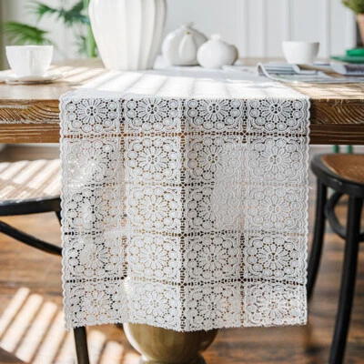 French Retro Floral Lace Table Runner Hollow Out White Tablecloth Decors Fairy - Image 1 of 4