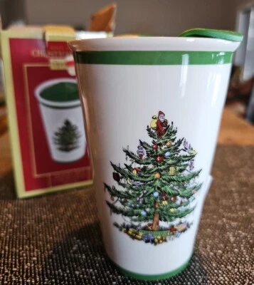 Spode Christmas Tree Travel Mug Ceramic 8 oz w/Lid White Green Multi-New-Ret $30 - Image 1 of 4