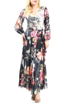 Komarov Floral Belted Long Sleeve Charmeuse Maxi Dress-Size Large (KOM #1) - Image 1 of 4