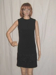Vintage Black Flapper Dress 1960s Mod Mini Fringe Beaded Cocktail Party Small - Picture 1 of 6