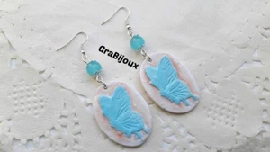 Orecchini pendenti in pasta polimerica fimo cammeo farfalla con pietra - Picture 1 of 1