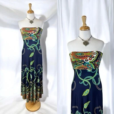 Navy Blue Flower Print Maxi Sundress Strapless Boho Beach Tropical Sheer Y2K S - Image 1 of 4