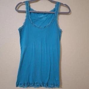 Vintage 2000s Y2K American Eagle Teal Lace Trimmed Slim Fit Ribbed Tank Top Siz - Bild 1 von 5