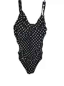 Athena 1 Piece Swimsuit Sz 12 Gold Hardware Flattering Ruffle Black Dot - Picture 1 of 11
