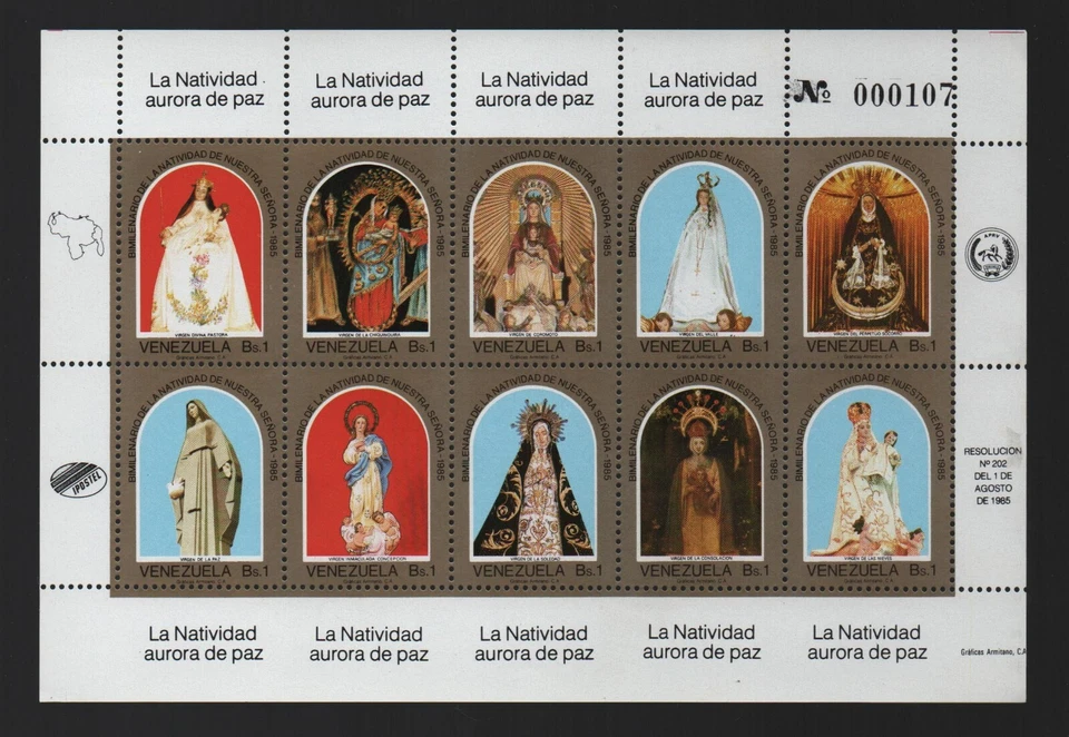 Venezuela: 1985; Scott 1338, set in sheet of 10 values of virgins, MNH, EBV267 - Image 1 of 1
