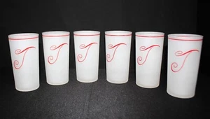 Set of 6 Federal Glass Red Monogram “T” Clear Satin Frosted Tumbler Set - Picture 1 of 7