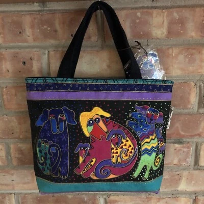 Laurel Burch Colorful Boho Abstract Dogs 90s Canvas Shoulder Tote 12x9x4” NWOT - Image 1 of 4