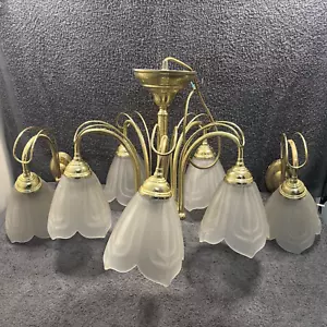 Vintage - 5 Arm Chandelier With Glass Shades. + 2 matching wall lamps - Picture 1 of 23