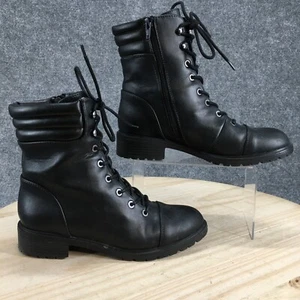 Express Shoes Womens 8 Combat Mid Calf Black Leather Round Toe Cuban  Lace Up - Picture 1 of 19