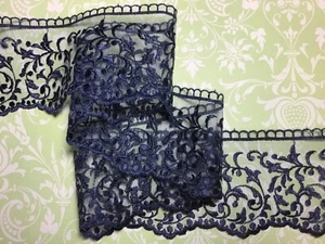 Premium Quality Dark Navy Blue Embroidered Tulle 3"/8cm PER METRE - Picture 1 of 5