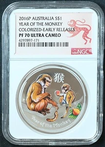 2016 Australia Lunar Year of the Monkey 1oz Silver Colorized Coin NGC PF70 ER UC - Picture 1 of 2