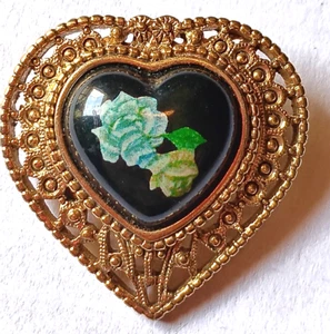 Broche prendedor vintage de flor rosa porcelana negra tono dorado corazón 1928 - Imagen 1 de 19