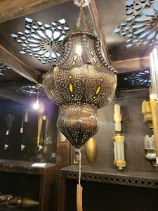 Moroccan Handmade Brass and Amber Glass Ceiling Lamp H55 x W30cm Free PP - Picture 1 of 7