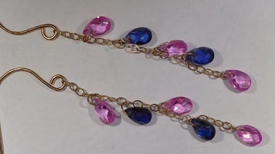 10K Yellow Gold Created Blue & Pink Briolette Sapphire Dangle Earrings - Image 1 of 3