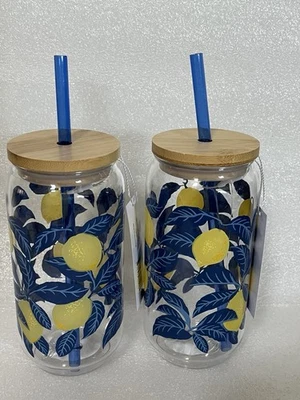 Juego de 2 vasos Becky G & Alejandra 20 onzas acrílico con forma de lata limón y azul Foto 1 de 4