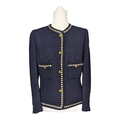 Vintage Chanel Navy Blue Wool Jacket Gold Lion Buttons 80s 90s era FR44 US Large - Image 1 of 4