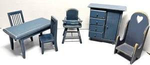 Set of 6 - Dollhouse Mini Furniture Blue Wood Hand Painted Table Chair Dresser - Picture 1 of 12