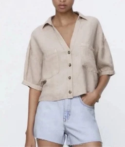 Top de lino Zara beige mediano para mujer recortado manga corta cuadrado cuello abotonado - Imagen 1 de 7