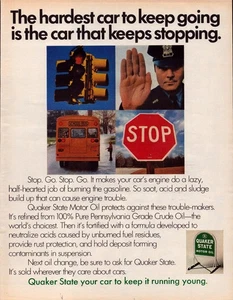 Quaker State Motor Oil anuncio impreso vintage 1972 señal de alto policía autobús escolar - Imagen 1 de 1