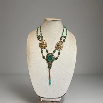 37. Art Deco D. M. S.F. Collar llamativo latón verde vidrio Pekín 22", 98,6 g Foto 1 de 4