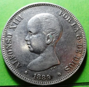 ALFONSO XIII, 5 Pesetas, 1889 *18 -89, Ag - Picture 1 of 2