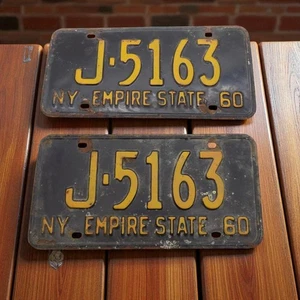 1960 New York License Plates Tag # J-5163 Matching Pair Decent Black/Yellow - Picture 1 of 1