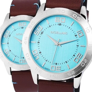 Excellanc Herrenuhr Blau Braun Analog Kunst Leder Männer Quarz