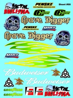 WHITE VINYL "Grave Digger" RACING SHEET 68-R/C MODEL Die-cut -Decals 1/12-1/10 - Image 1 of 4
