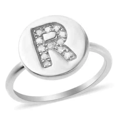 Anillo R con inicial de diamantes en plata de ley enchapada en platino 0,07 ctw talla 8 Foto 1 de 4