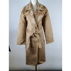 GUESS Ludovia Wool-blend Jacquard Logo Wrap Coat Beige Size L NWT - Picture 1 of 9