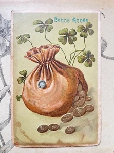 Carte Postale ancienne fantaisie Bonne Année - Pièce d'or Trèfle quatre feuilles - Imagen 1 de 1