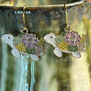 Gold Tone French Hook Flowered Multi-Color Turtle Charm Dangle Earrings. S103 - Picture 1 of 3