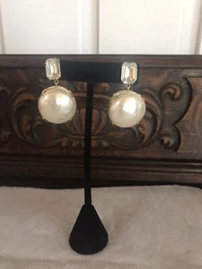 EARLY M+J SAVITT LARGE FAUX PEARL DIAMOND DANGLE EARRINGS PIERCED - Picture 1 of 3