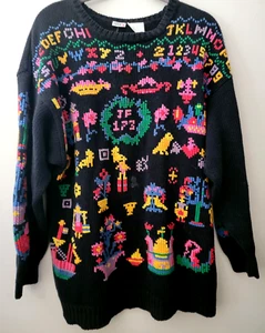 Vintage 1980's Joye + Fun Colorful Black Cross-stitch Embroidered Sweater Size M - Picture 1 of 8