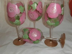 HAND PAINTED PINK CABBAGE ROSE/ROSE GOLD WHITE WINE GOBLETS / SET OF 4- - Picture 1 of 3