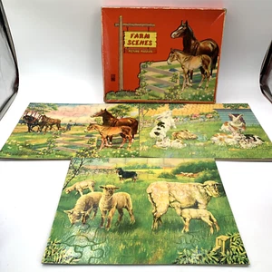 Set of 3 Vintage Milton Bradley Co Farm Scene Children's Puzzles in Box 4909-3 - Picture 1 of 24