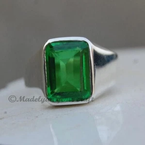 Green Emerald Ring Sterling Silver Ring Emerald Gemstone Ring For Men Gift Him - Picture 1 of 5