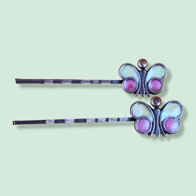 Vintage 1980's Cream & Pink Painted Butterfly Copper Bobby Pins- Made in UK - Image 1 of 4