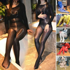 Men Women Oil Shiny Glossy Bodystocking Tights Bodyhose Catsuit Sheer Bodysuit - Picture 1 of 36