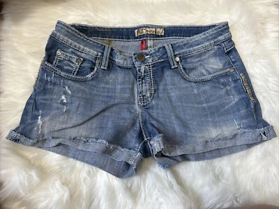 Pantalones Cortos BKE Tenley Destroyed Azul Denim Pantalones Cortos 29 8 Bordados Elastizados Foto 1 de 4