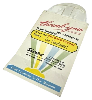 Vtg Shilobrit Dry Cleaners Advertising Pocket Square Hanky White Oshkosh WI - Image 1 of 3