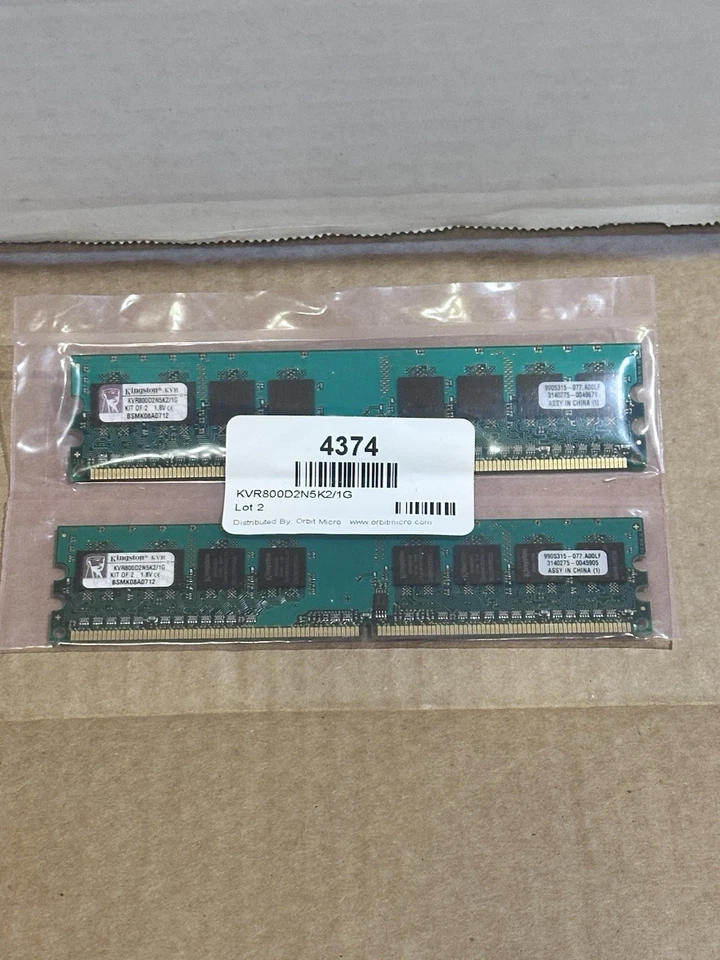 2  Kingston  KVR800D2N5K2/1G DDR2 SDRAM 240 Pin PC-6400 Single Rank Memory - Image 1 of 4