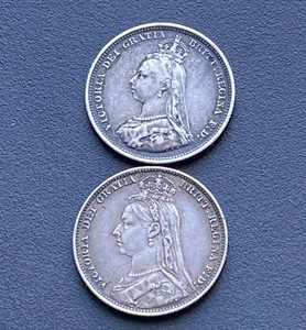 Victoria 1887 & 1891 Silver Shilling Coin Pair Jubilee Head Lot G7 - Picture 1 of 5