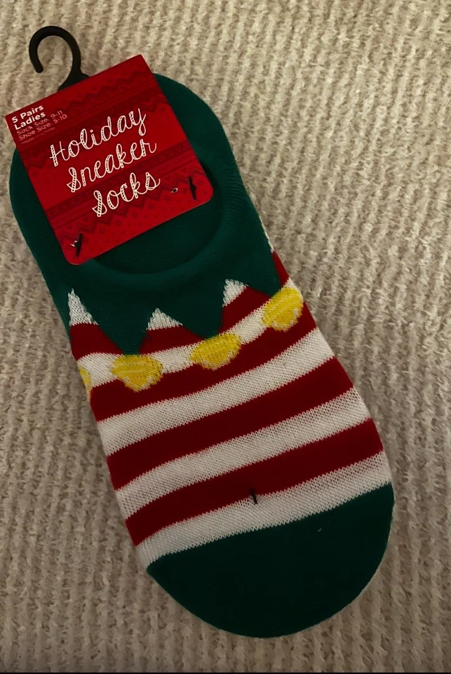 Calcetines Deportivos Vacaciones 5 Pares Damas Zapatos Talla 5-10 Navidad Elfo Ayudante Foto 1 de 4