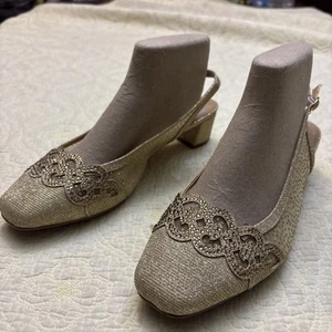 J. Renee Women's Gold Low Heel Slingback Shoes SZ 9.5W Crystals Satin Sheer - Picture 1 of 18