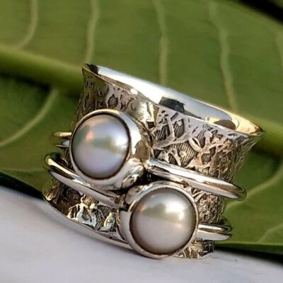Anillo de piedras preciosas de perlas sólido de plata 925 hecho a mano anillo giratorio para mujer todas las tallas SR608 Foto 1 de 4