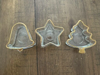 3 Candelabros Indiana Vidrio Transparente TeaLight Borde Dorado Árbol Campana Estrella Usados en Excelente Condición Foto 1 de 4