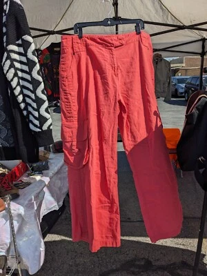 Pantalones cargo grandes rojo coral lino algodón Foto 1 de 4