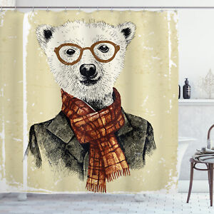 Animal Shower Curtain Hipster Bear Glasses Print for Bathroom