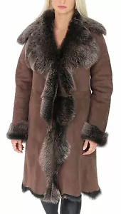 Ladies Sheepskin Coat 3/4 Length Long Toscana Shearling Suede Finish Light Brown - Picture 1 of 7
